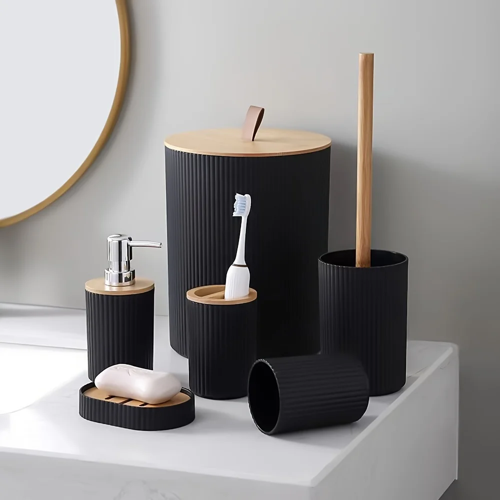 UNTIOR 6-Piece Bamboo Bathroom Accessory Set Lotion Bottles Toothbrush Holder Toothbrush Holder Soap Dish Toilet Brush Bin - Image 9