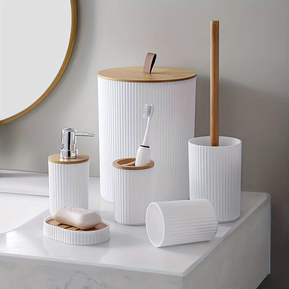 UNTIOR 6-Piece Bamboo Bathroom Accessory Set Lotion Bottles Toothbrush Holder Toothbrush Holder Soap Dish Toilet Brush Bin - Image 8