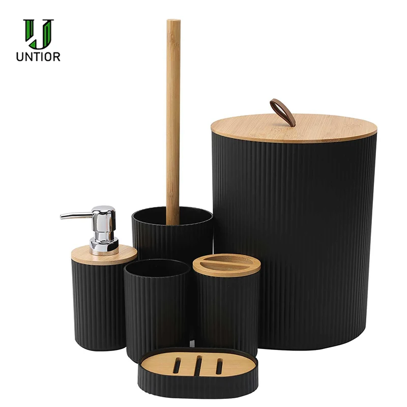 UNTIOR 6-Piece Bamboo Bathroom Accessory Set Lotion Bottles Toothbrush Holder Toothbrush Holder Soap Dish Toilet Brush Bin